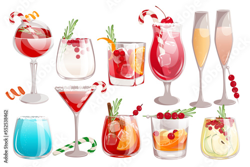 A set of Christmas cocktails.Whiskey with cranberries.Shirley Temple, Jack Frost, Christmas margarita, sangria, martini.Winter holiday drinks.