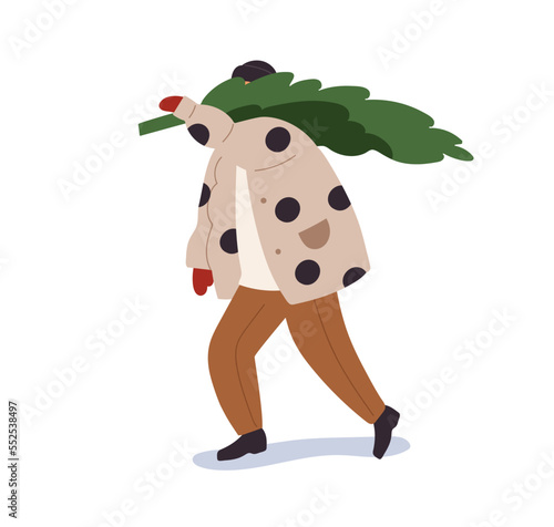 Man carrying Christmas tree on shoulder, going outdoors on winter holiday. Pe...