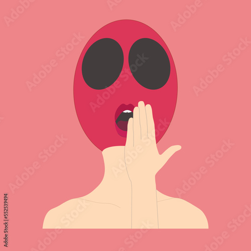 Character with human shoulders and hand in beige color with lines to emphasize the shapes, crimson ball head with big hollow eyes cheeky, vector isolated on pink background.