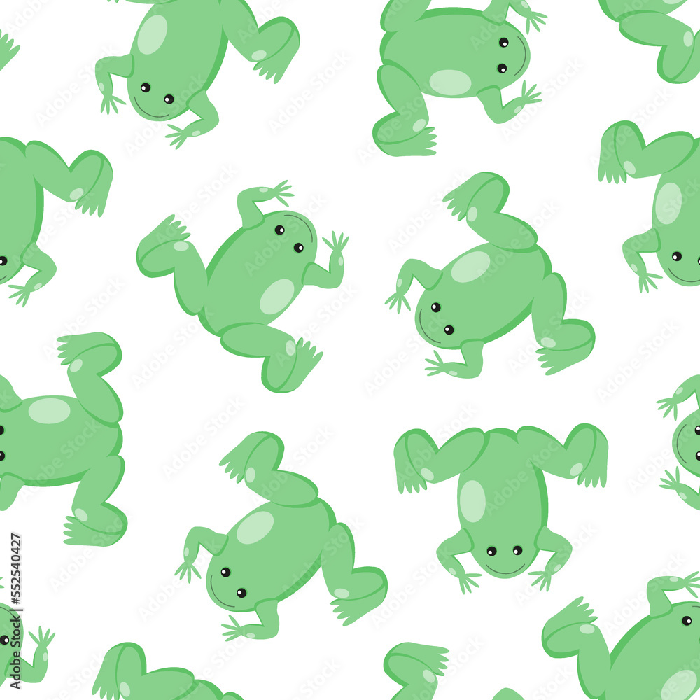 Obraz premium Pattern seamless illustration of a green frog with a smile on a white background, vector isolated.