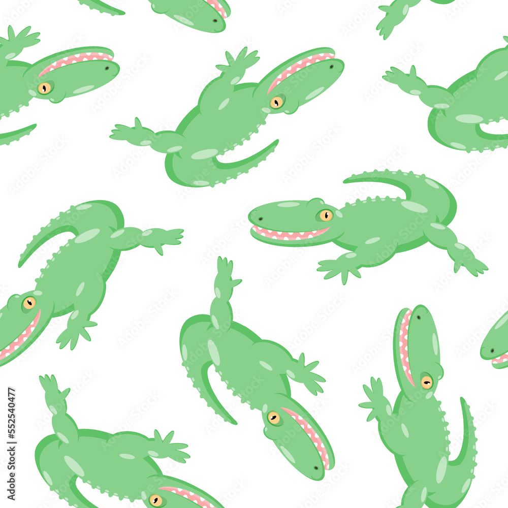 Obraz premium Pattern seamless illustration of a green crocodile with a smile on a white background, vector isolated.