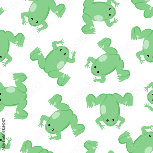 Fototapeta Naklejka Na Ścianę i Meble -  Pattern seamless illustration of a green frog with a smile on a white background, vector isolated.