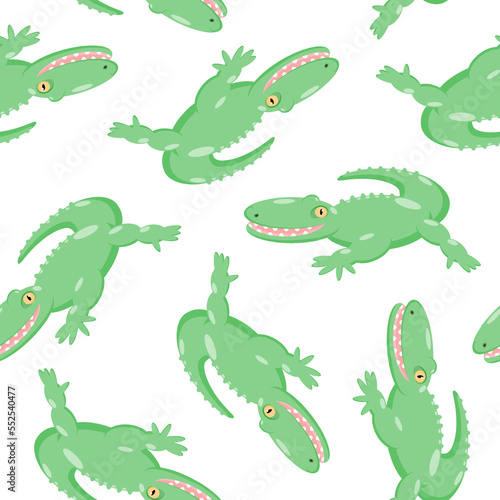 Pattern seamless illustration of a green crocodile with a smile on a white background, vector isolated. © Olha Bodanina