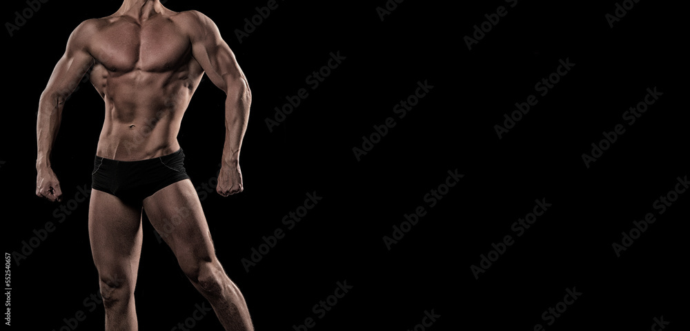 banner with muscular bodybuilder, copy space. studio shot of muscular bodybuilder. bodybuilding pose banner with muscular bodybuilder, copy space. studio shot of muscular bodybuilder. bodybuilding pose