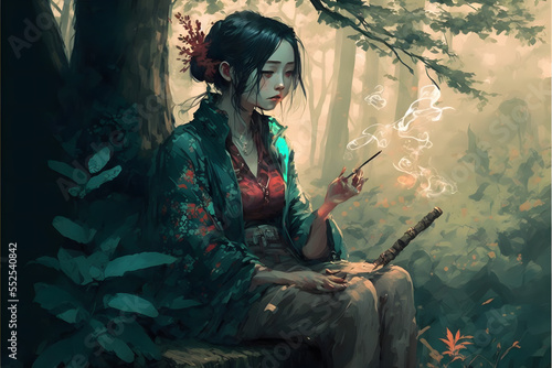 painting oriental style oil woman smoking in the forest
