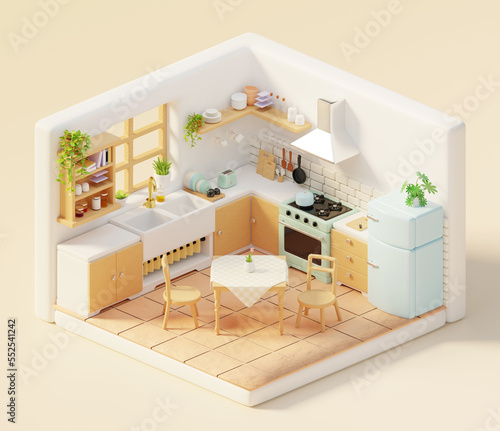 Quadro su tela 3D isometric cute kitchen room, interior, electrical appliance, Kitchen items, tiled floor, dining table set