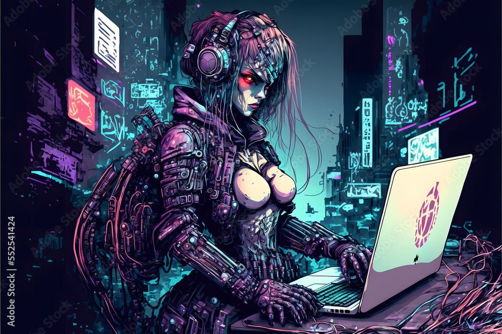 Female Warrior Anime Cyberpunk Hacker Stock Illustration Adobe Stock