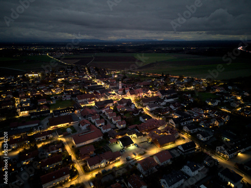 aerial view of a town in the evening