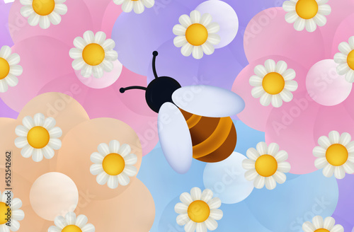Bee in the apiary 3d. Field of flowers, daisies, chamomile. One insect collects nectar, pollen. Working bee or wild wasp. The concept of active labor and pollination. Closeup. Vector illustration.