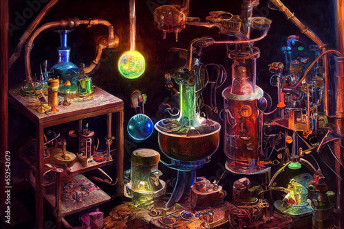 Wizard laboratory, chemical tubes and flasks of different shape and color, generative ai illustration