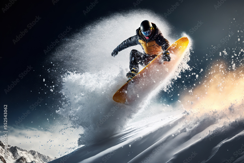 Naklejka premium Extreme sport jump at hyper speed. Snowboarder jumps from a snow-covered mountain. Digital artwork 