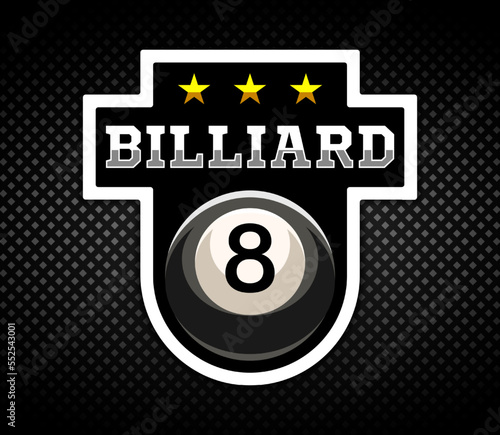 Billiard logo. Black ball color with the number eight. 8. Pool game. Snooker.