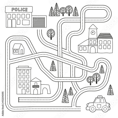 Maze game with vehicles and tangled road. Help the police car to reach the police office. Coloring book page