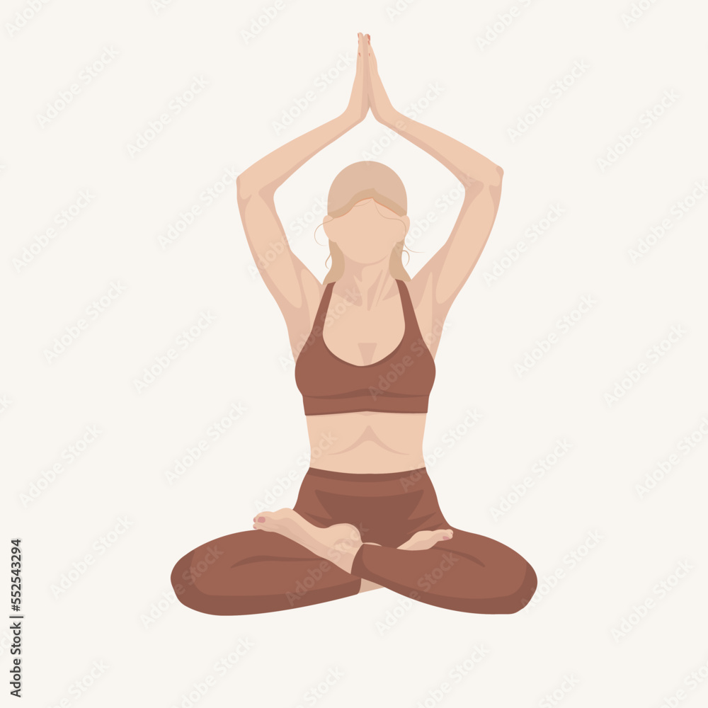 Faceless woman with blond hair, doing yoga lotus pose. Flat vector illustration