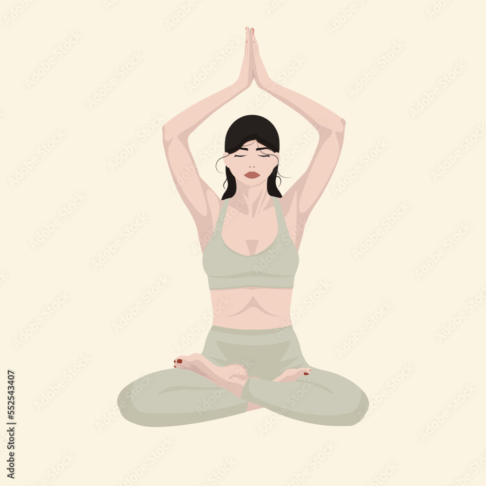 Woman with black hair, white skin and green clothes, doing yoga lotus pose. Flat vector illustration Woman with black hair, white skin and green clothes, doing yoga lotus pose. Flat vector illustration