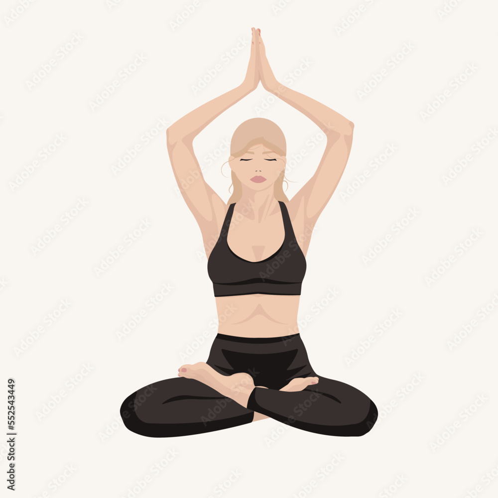 Woman with blond hair and black clothes, doing yoga lotus pose. Flat vector illustration Woman with blond hair and black clothes, doing yoga lotus pose. Flat vector illustration