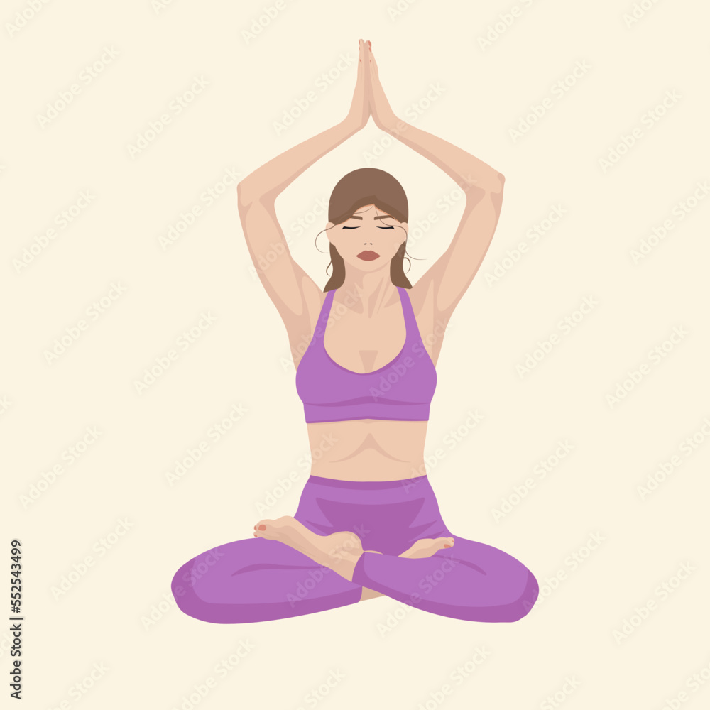 Woman in purple clothes, doing yoga lotus pose. Flat vector illustration