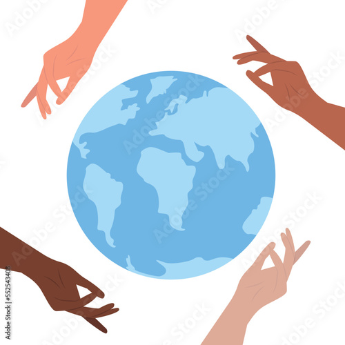 Earth globe with multiracial human hands around