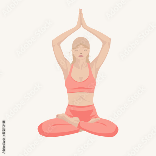 Woman with blond hair and pink clothes, doing yoga lotus pose. Flat vector illustration