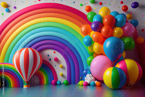 Birthday or anniversary party in motion with full of colorful balloons with rainbow colors , use it as a background or greeting or setup party room.. Generative  Ai      