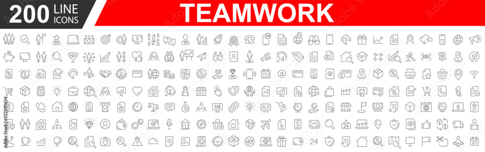 Business teamwork icon. Teamwork icon set. Team building, work group and human resources. Outline icons collection. Vector illustration