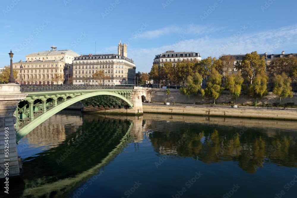 Notre-Dame bridge and Seine river quay  in the 4th arrondissement of Paris city