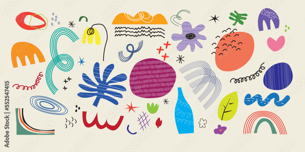Big set of hand drawn various shapes and doodle objects. Abstract contemporary modern fashion vector illustration. All elements are isolated
