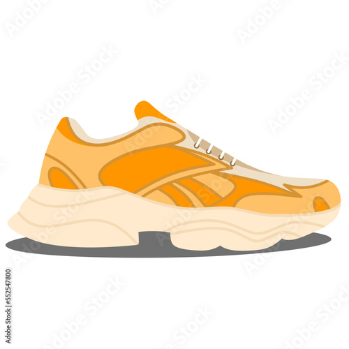Vector of fashionable sneakers with big clunky soles. Side view of modern and trendy sport footwear. Colorful illustration of stylish footwear isolated on white background.