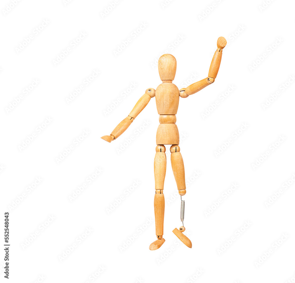 wooden figurine of a man with a prosthetic leg isolated on white background wooden figurine of a man with a prosthetic leg isolated on white background