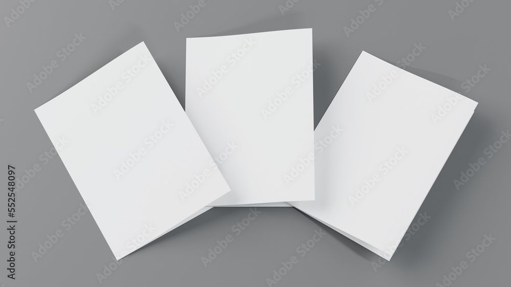 Blank paper A4 flyer postcard brochure booklet, half-folded bifold mockup template, 3d rendering. Blank paper A4 flyer postcard brochure booklet, half-folded bifold mockup template, 3d rendering.