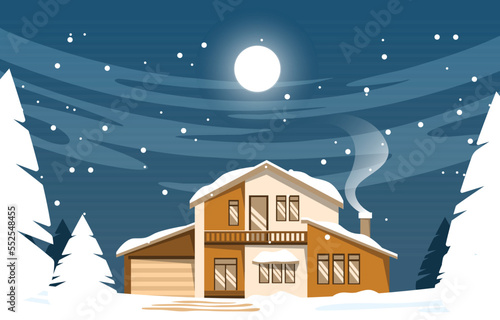 House Home in Night Snow Fall Winter Illustration