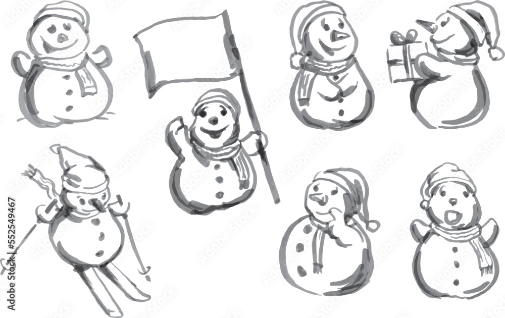 Set of hand drawn sketches of snowmen. Vector illustration.