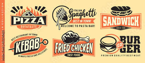 Fast food stickers and labels collection for diner restaurant or cafe bar. Vector menu with lettering and various meals. Burgers and pizza symbols, spaghetti, fried chickens and sandwich graphics. 
