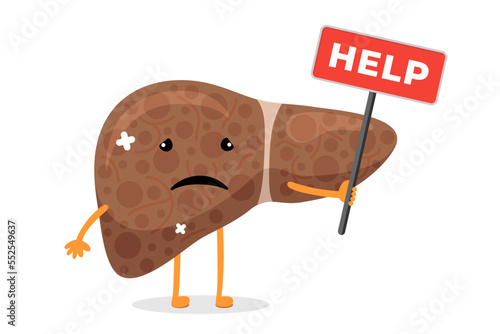 Cartoon sad suffering sick liver character. Unhealthy damage exocrine system gland internal organ mascot with help sign. Illness and pain hepatic concept. Human viscus destruction. Vector illustration