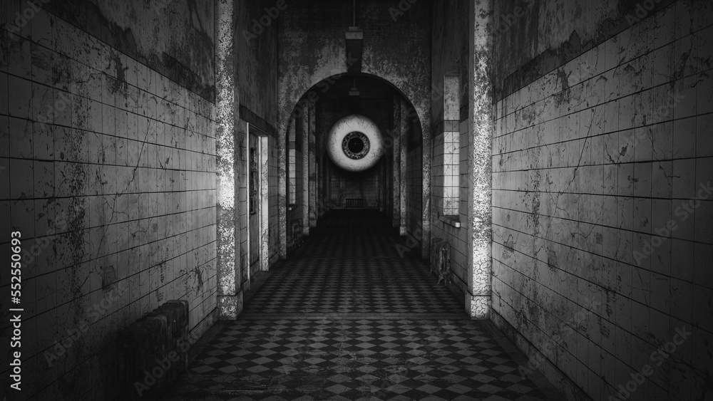 Giant Eyeball Floating Through an Asylum Halloween Horror Dark Film Grain Analogue Aesthetic Gothic Building Camera Flash Black an White 3d illustration render Giant Eyeball Floating Through an Asylum Halloween Horror Dark Film Grain Analogue Aesthetic Gothic Building Camera Flash Black an White 3d illustration render