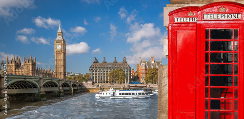 London symbols with BIG BEN and red Phone Booths in England  UK