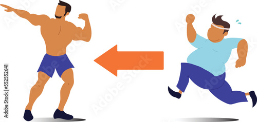 Chubby man turning into athlete Calories exercise calculate to lose weight, fat man in sport wear Fitness and running on, Calories burned routine activity, Healthy Lifestyle, Vector illustration.
