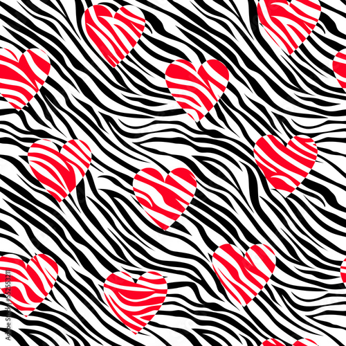 Abstract wild seamless pattern with zebra skin stripes hearts in black and red colors. Vector repeated background for textile, paper, cover, fabric, interior decoration. Eps 10