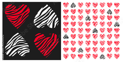 Set of seamless patterns with zebra stripes hearts in dark gray and red colors. Abstract animal zebra skin print for textile, paper, cover, fabric, interior decoration. Eps 10