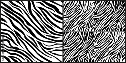 Set of zebra skin seamless pattern. Black and white zebra skin stripes. Animal vector illustration repeated background for fabric design. Eps 10
