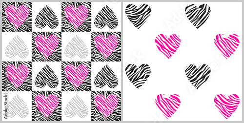 Vector seamless patterns with zebra stripes hearts in gray and pink colors. Abstract illustration with animal zebra skin print for textile, paper, cover, fabric, interior decoration. Eps 10