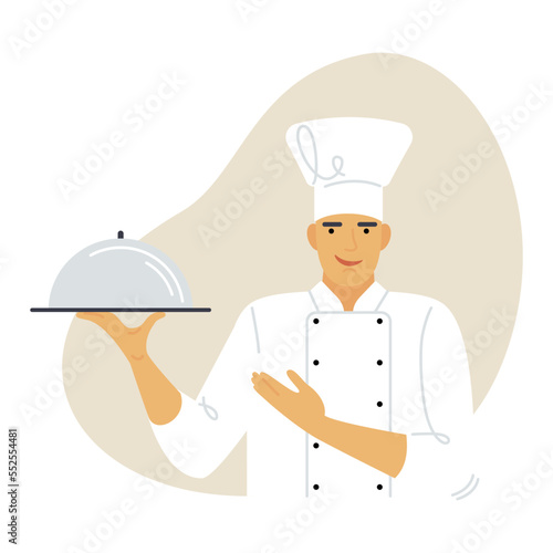 cook holds the dish. flat drawing