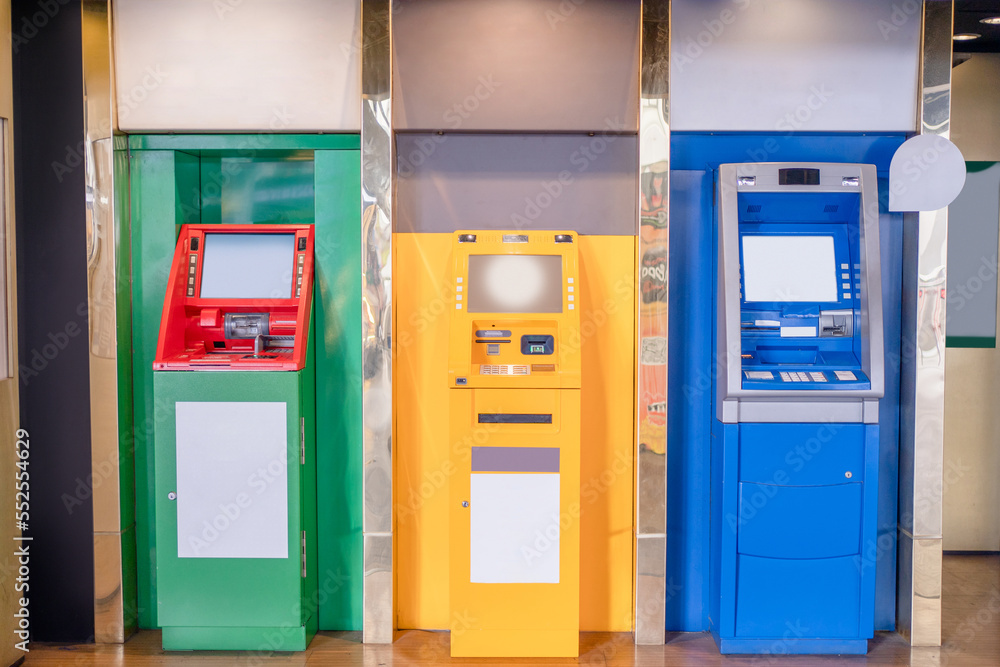 line of colorful ATM in the lobby. Background image. line of colorful ATM in the lobby. Background image.