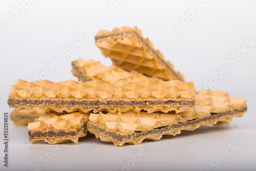 Wafers with chocolate close up view, selective focus.