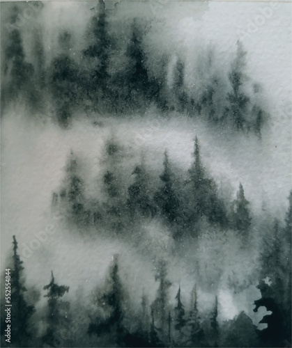 Fog in the spruce forest. Beautiful mysterious landscape. Vector illustration hand-drawn. Design of background, cover, template, postcard, photo wallpaper, book illustration. © t.karnash
