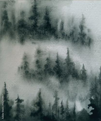 Fog in the spruce forest. Beautiful mysterious landscape in watercolor. Vector illustration hand-drawn. Design of background, cover, template, postcard, photo wallpaper, book illustration.
