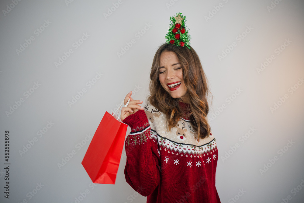 happy person with christmas present shopping bag happy person with christmas present shopping bag