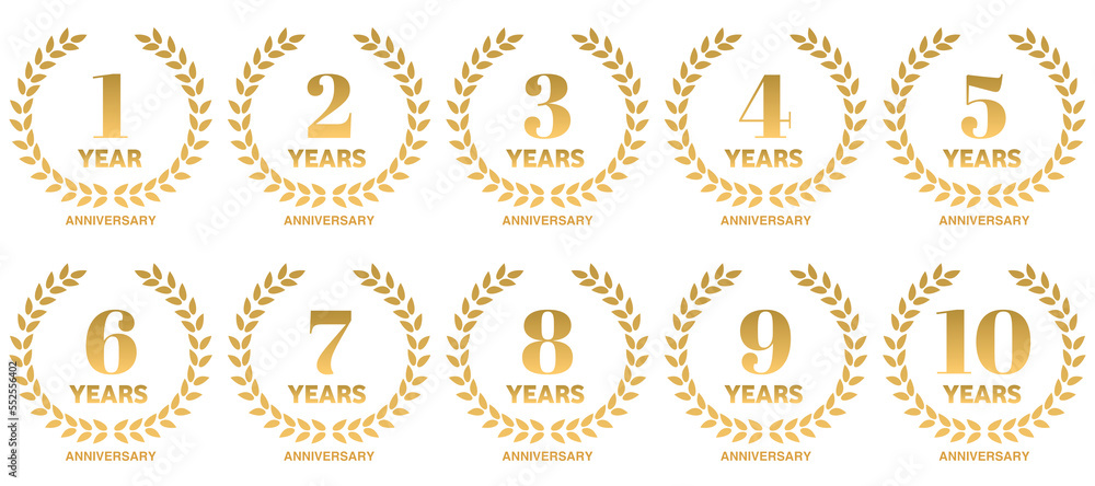 anniversary label PNG. Gold laurel wreath for anniversary celebration from one to ten years PNG. PNG image. - obrazy, fototapety, plakaty 