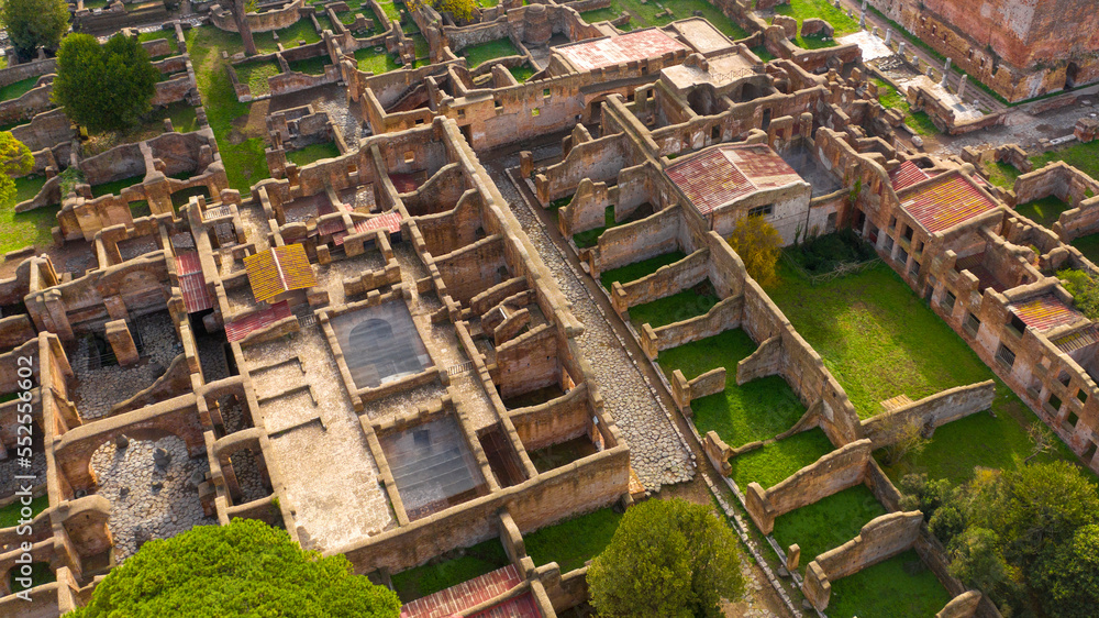 Aerial view of Diana's house, house of Paintings and the Domus of Jupiter and Ganymede. These Roman ruins are located in the archaeological area of Ostia Antica, near Rome, Italy.