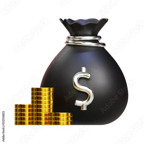 3D black money bag with dollar and stack of gold coins icon. Cash, interest rate, business and finance, return on investment, financial solution, prepayment and down payment concept. Vector cartoon